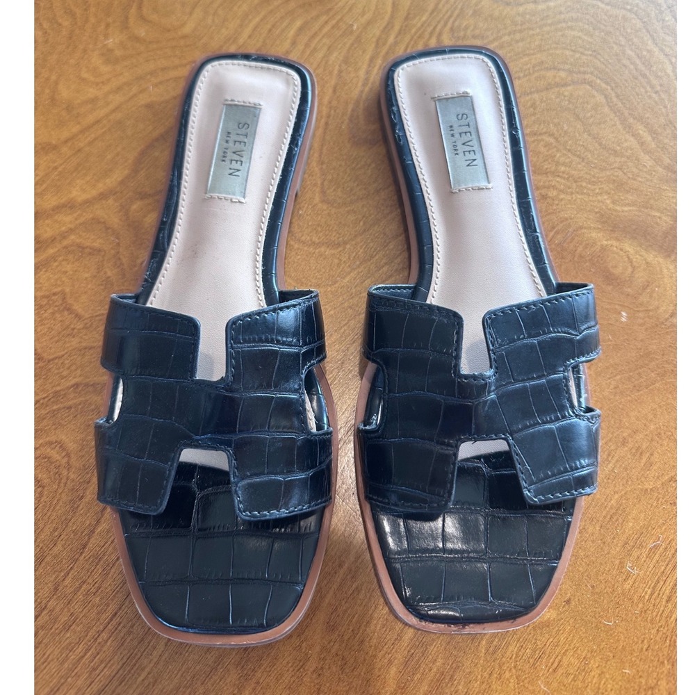 Steven New York Harlien Black Croc Embossed H-Band Slide Sandals 7.5M
